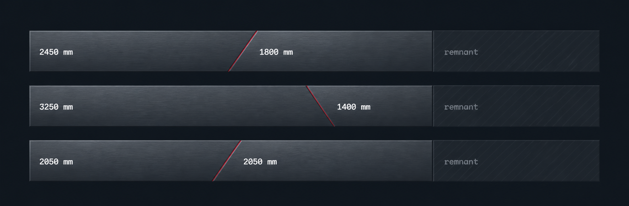 Three stock bars allocated into cut segments, with straight and mitred cut lines and the unused remnant hatched at the end of each bar