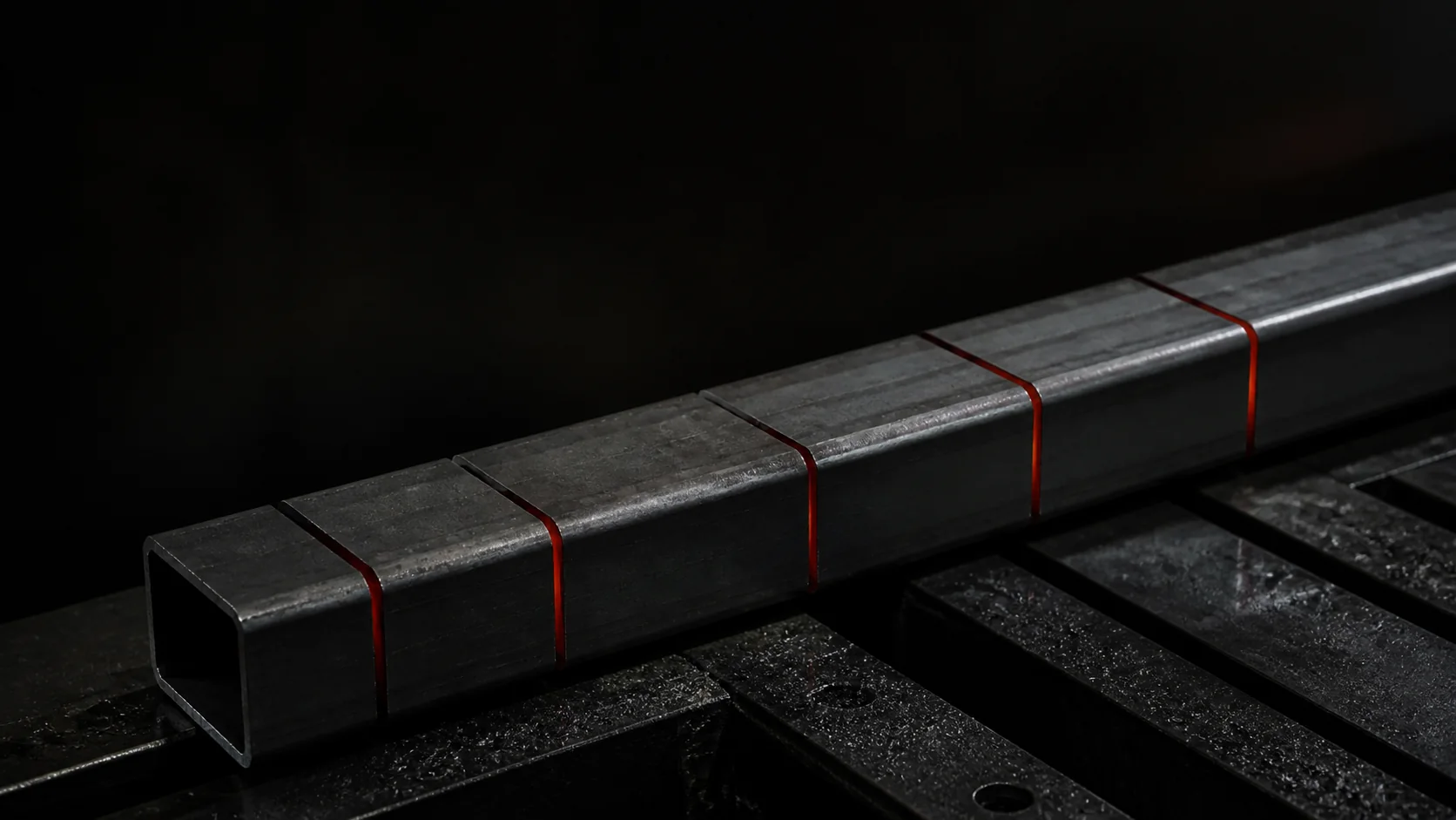 Steel tube marked with a precise sequence of cuts