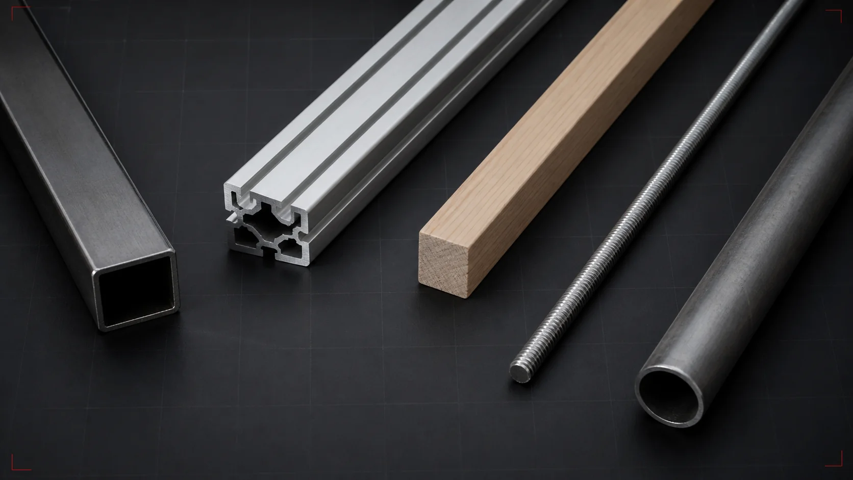 Steel tube, aluminium extrusion, timber, threaded rod and round tube