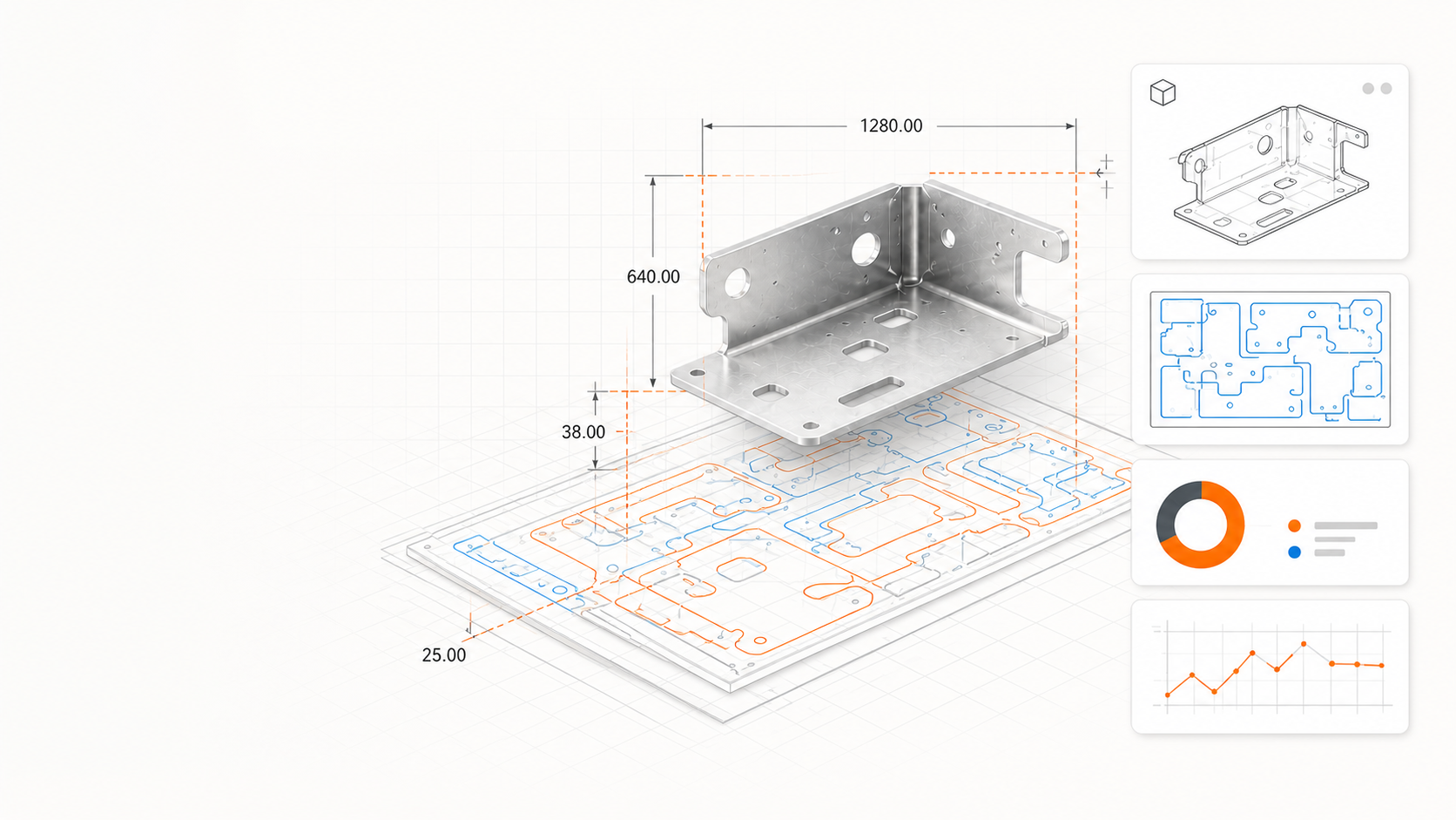Metal bracket shown with CAD dimensions, nesting geometry and engineering analysis panels