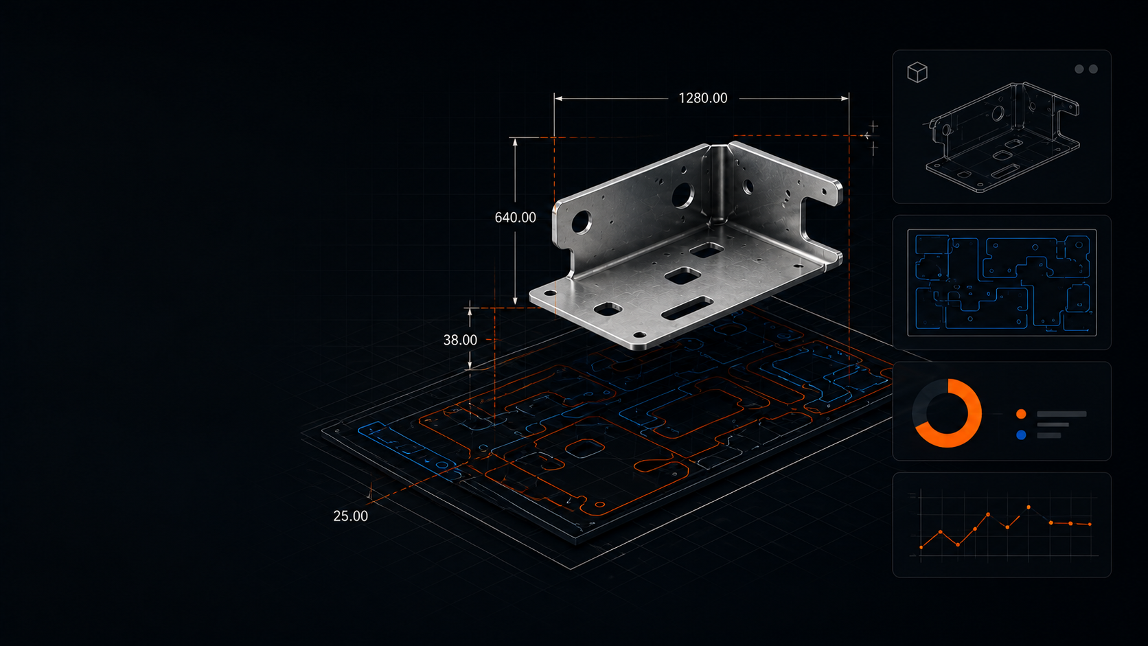 Metal bracket shown with CAD dimensions, nesting geometry and engineering analysis panels