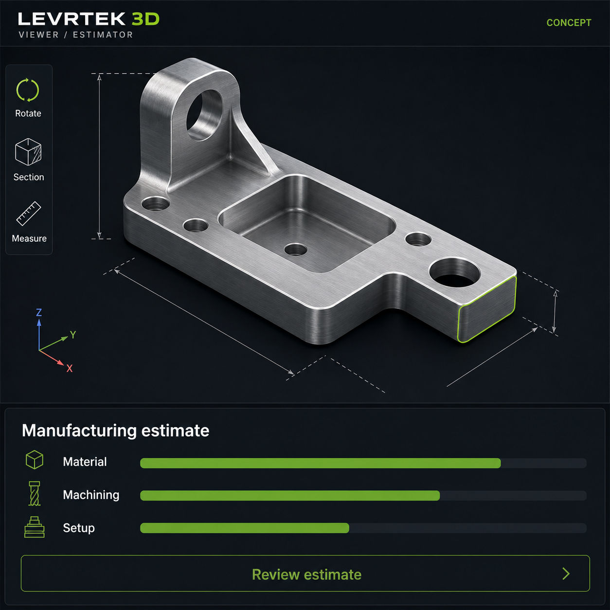 Illustrative LEVRTEK 3D app concept showing a machined part in a 3D viewer and a manufacturing estimate for material, machining and setup.